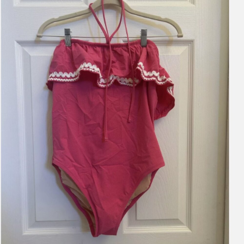 J.Crew Ruffle Bandeau One-Piece Swimsuit in Piqué Nylon Rickrack